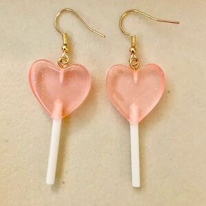 Pink Heart Lollipop Earrings with Gold Hooks